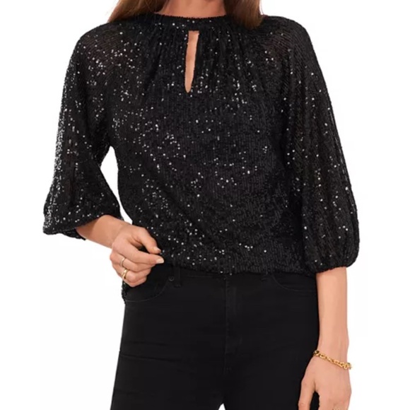 Vince Camuto Black Sequin Puff Sleeve Blouse - Picture 1 of 7